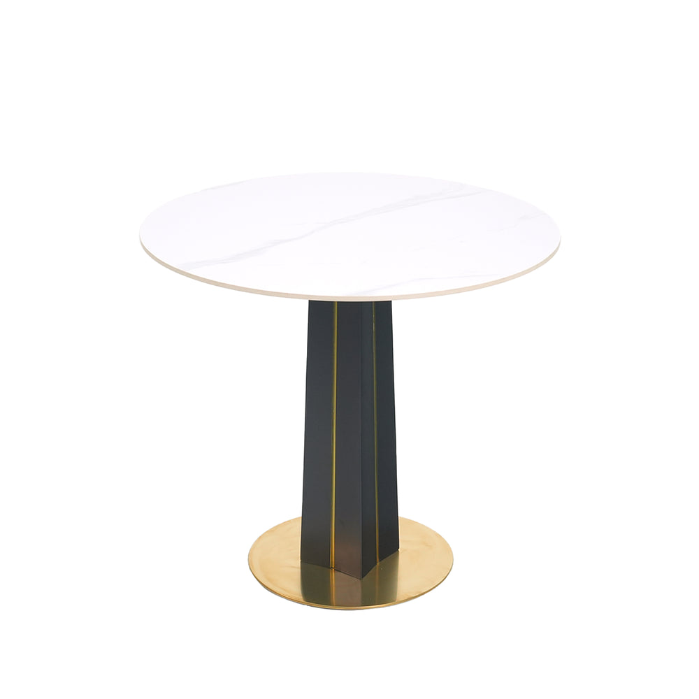 English Elm Modern Round Table - 85Cm White Sintered Stone Top With Black Wooden Legs & Gold Metal Base Design W1535S00590