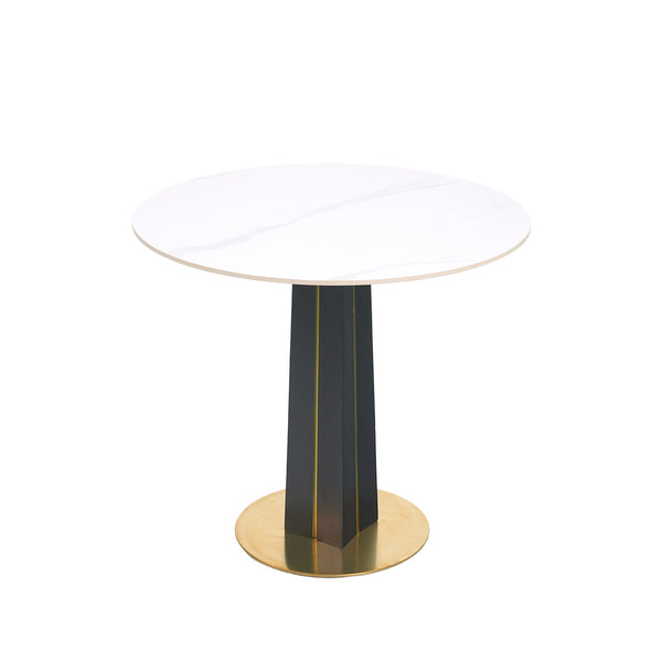 English Elm Modern Round Table - 85Cm White Sintered Stone Top With Black Wooden Legs & Gold Metal Base Design W1535S00590