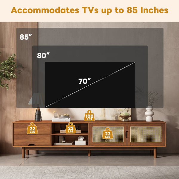 English Elm 78 Inch Rattan Media Console with Rubberwood Legs Walnut Finish Living Room Storage N710P407810P