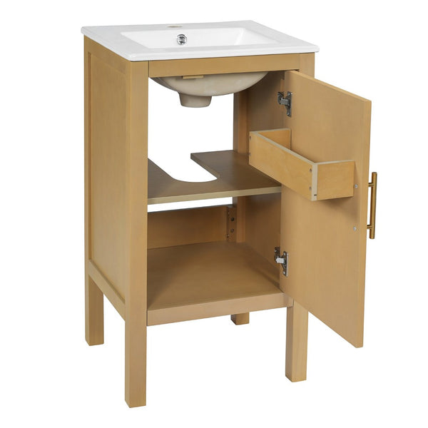English Elm 18" Pine and Mdf Bathroom Vanity with Ceramic Basin Soft Close Hinged Cabinet N710P426321P