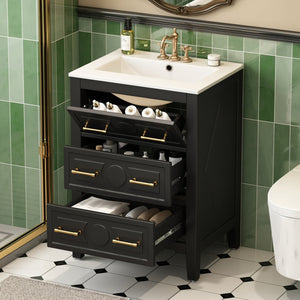 English Elm 24'' Bathroom Vanity with Ceramic Sink and 3 Drawers Retro Solid Wood Frame Freestanding Storage Black N710P371184B