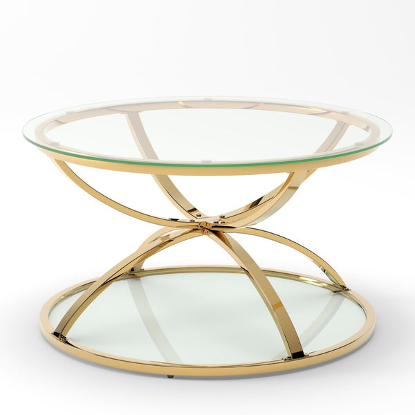 English Elm 31.50'' Round Chrome Ring Glass Coffee Table Two Tier Smoked Tempered Top Modern Living Room W757P412805
