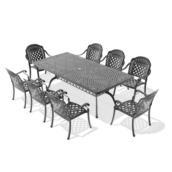 English Elm 9-Piece Cast Aluminum Patio Furniture Set With Bold Red Cushions For Stylish Outdoor Dining & Relaxation W1710S00172