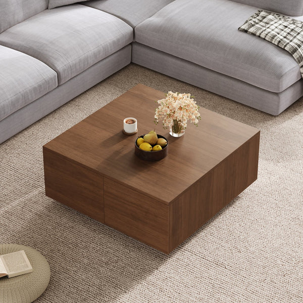 English Elm 33.25" Square Coffee Table with 4 Drawers — Minimalist Modern MDF Design, Space-Saving Durable Centerpiece Walnut N735P277298D