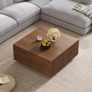 English Elm 33.25" Square Storage Coffee Table Four Drawer Matte Mdf Living Room Centerpiece Walnut N735P422508D