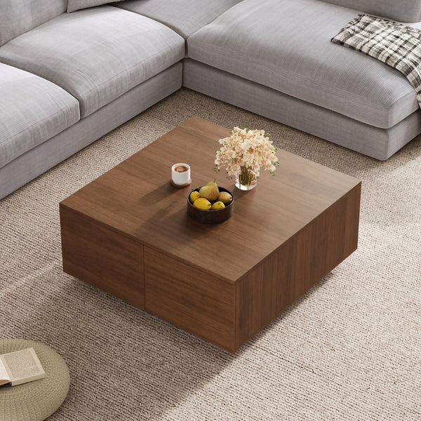 English Elm 33.25" Square Storage Coffee Table Four Drawer Matte Mdf Living Room Centerpiece Walnut N735P422508D