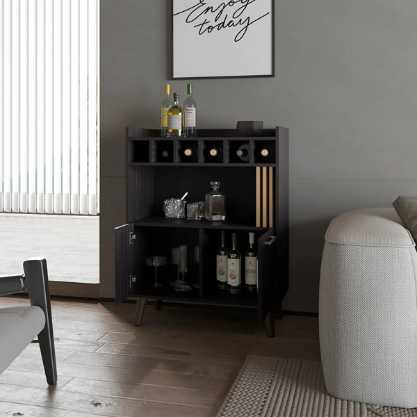 English Elm Wengue Tall Bar Cabinet with Natural Oak Accents, 3 Shelves & Dedicated Wine Storage, Sleek Rectangular Design (40"H x 30.9"W x 15.7"D) B062P290228