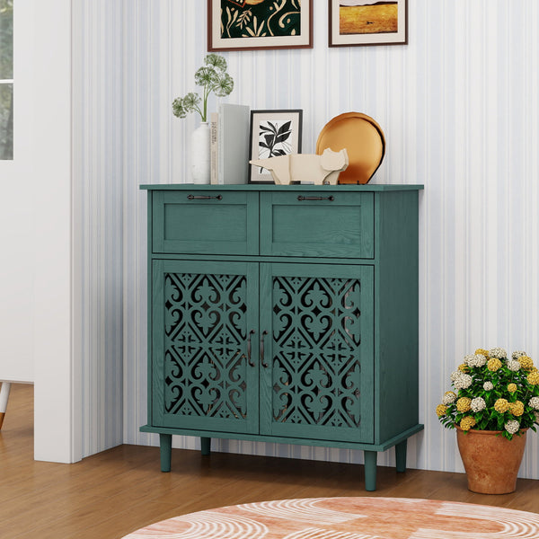 English Elm 2 Door 2 Drawer Cabinet with Solid Wood Feet, Smooth Slide Rails, Anti-Tip Lock, Easy Clean Surface Dark Green W688P179038