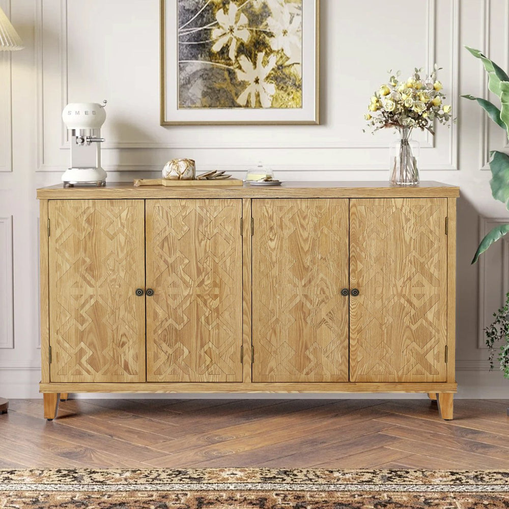English Elm 59" Brown Accent Cabinet with 4 Doors Vintage Carved MDF Buffet Console for Living Room Storage W2295P306917