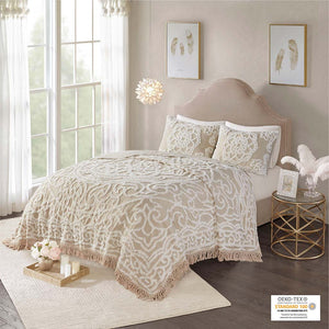 Madison Park Laetitia Shabby Chic Tufted Cotton Chenille Medallion Fringe Coverlet Mini Set MP13-7118 Taupe