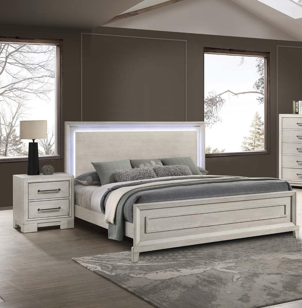 English Elm Elegant Eastern King Bed Antique White Paneled Headboard with Built-in Led Lighting B011S02073