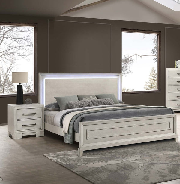 English Elm Elegant Eastern King Bed Antique White Paneled Headboard with Built-in Led Lighting B011S02073