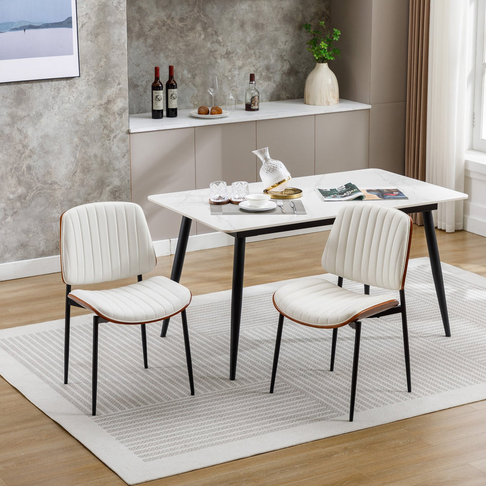 English Elm Dining Chairs Mid Century Modern Set of 2 — Curved Shell PU Leather Seats, Metal Legs, Adjustable Pads W1622123546