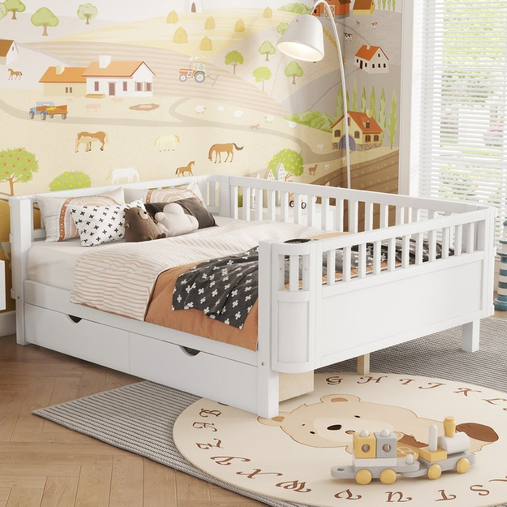 English Elm Twin Kids Platform Bed Solid Pine White Finish with Storage Drawers and Safety Rails White W2593P409116