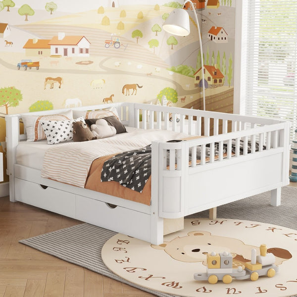 English Elm Twin Kids Platform Bed Solid Pine White Finish with Storage Drawers and Safety Rails White W2593P409116