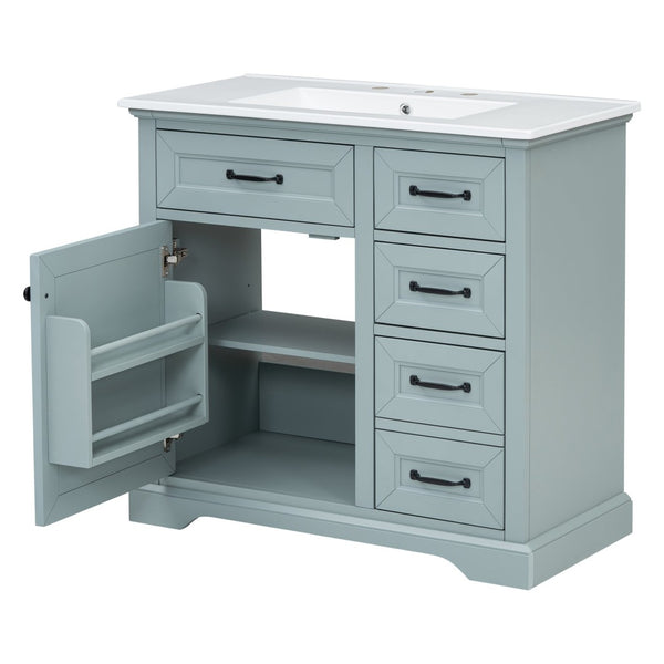 English Elm [video] 36 Inch Freestanding Bathroom Vanity Rubberwood Cabinet with Ceramic Sink Storage Grey N759P313315F