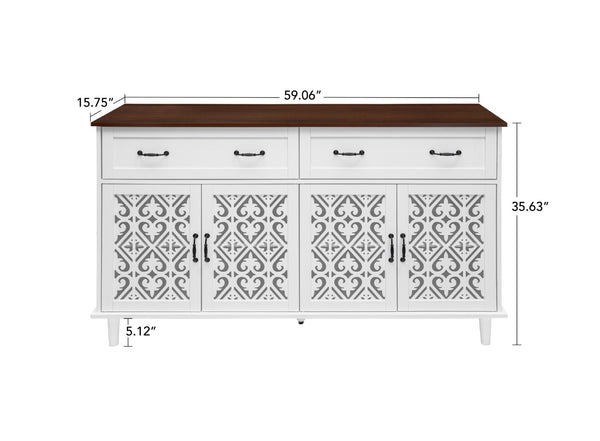 English Elm Vintage Farmhouse Sideboard with Hand-carved Doors Two-tone Distressed Wood Finish W688P360028