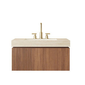 English Elm Muri Floating Bathroom Vanity Oak Plywood Cabinet Travertine Stone Top Soft Close W2615S00609