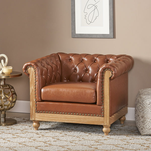 English Elm Christopher Knight Home® - CLUB Club Chair Chesterfield-Inspired Tufted PU Upholstery with Nailhead Trim, Scrolled Arms, Turned Legs Light Brown 39.25 L x 34.25 W x 25 H 72069.00COGN