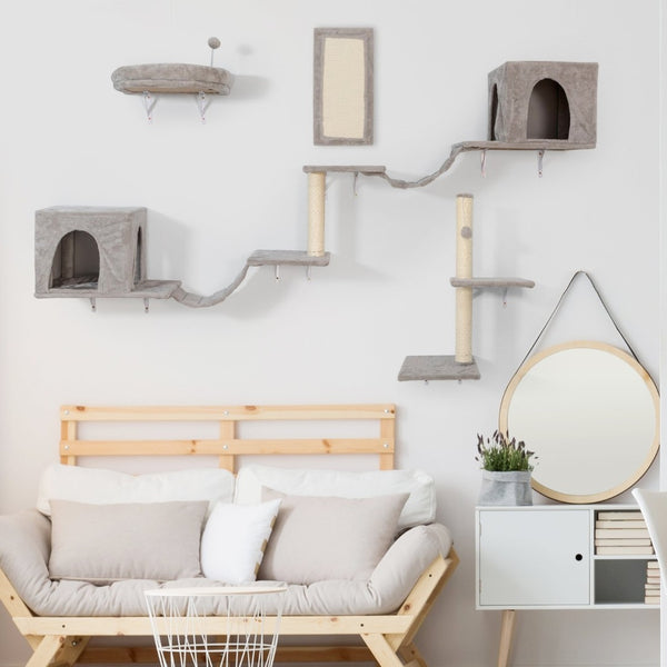 English Elm Wall-mounted Cat Tree System with Dual Condos Sisal Ladders Shelves and Perch W2181P357585