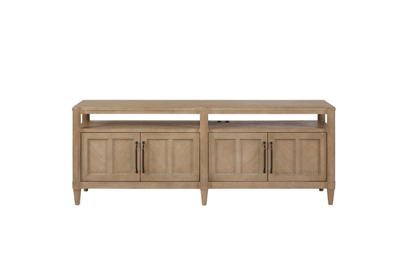 English Elm 72" Entertainment Console Sand Finish - Solid Wood + MDF, Power Ready, 4 Cabinets, Transitional Design B2699P226094