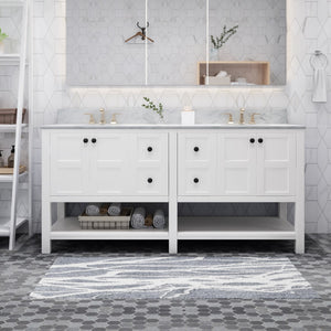 Christopher Knight Home® - Noble House - - 73'' Bathroom Vanity With Marble Top & Double Ceramic Sinks, 4 Doors, 4 Drawers, Open Shelf, White