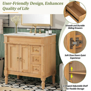 English Elm 30-inch Freestanding Bathroom Vanity Solid Wood Base Ceramic Sink Gold Hardware N729P299368N