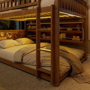 English Elm Full Over Bunk Bed with Led Lighting Pegboard Shelving and Pine Wood Frame Brown LT000278AAP