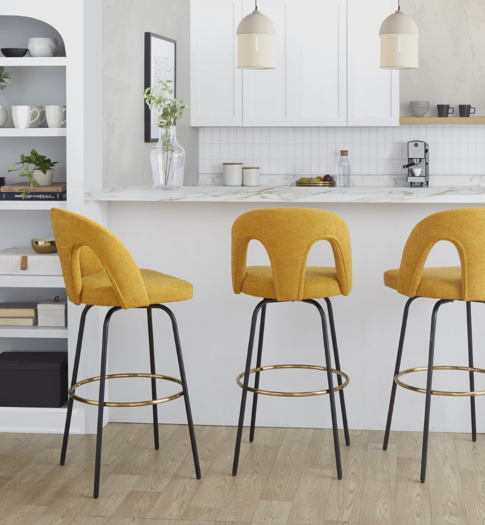 English Elm Fixed-height Swivel Barstools with Gold Footrest Black Frame White Upholstery Set B202S01874