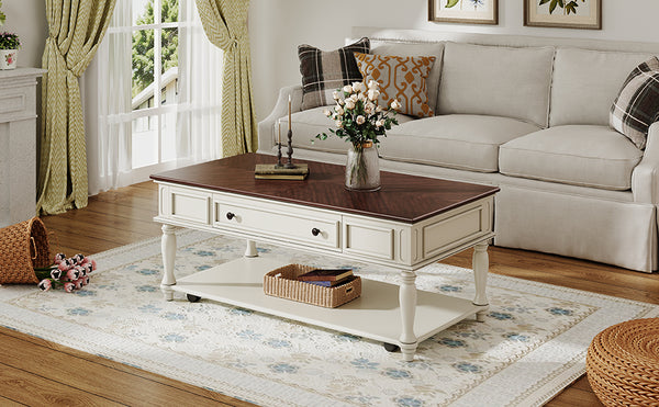 English Elm Farmhouse Retro Coffee Table with Lockable Wheels, One Drawer & Lower Shelf, Solid Wood Legs, Durable Finish White+Walnut N721P307935D