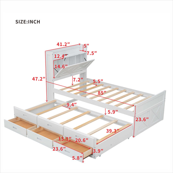 English Elm Twin Storage Bed with Headboard Outlets, Extendable Trundle & 3 Drawers, Durable MDF/Plywood Design White 80.5 L x 17.75 W x 5.25 H N733S172839K