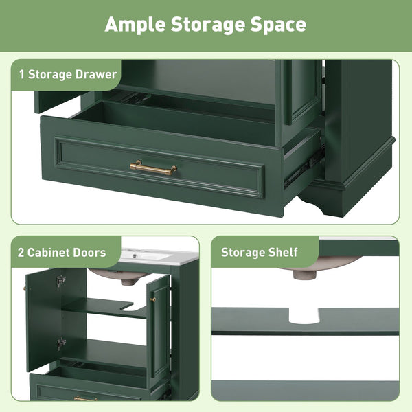 English Elm 30" Elegant Bathroom Vanity with Ceramic Sink, French-Inspired Compact Cabinet with Drawer & Shelf Green N710P317676F