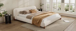 English Elm Queen Boucle Platform Bed Curved Padded Headboard Solid Wood Legs Modern Bedroom N757Q333874W