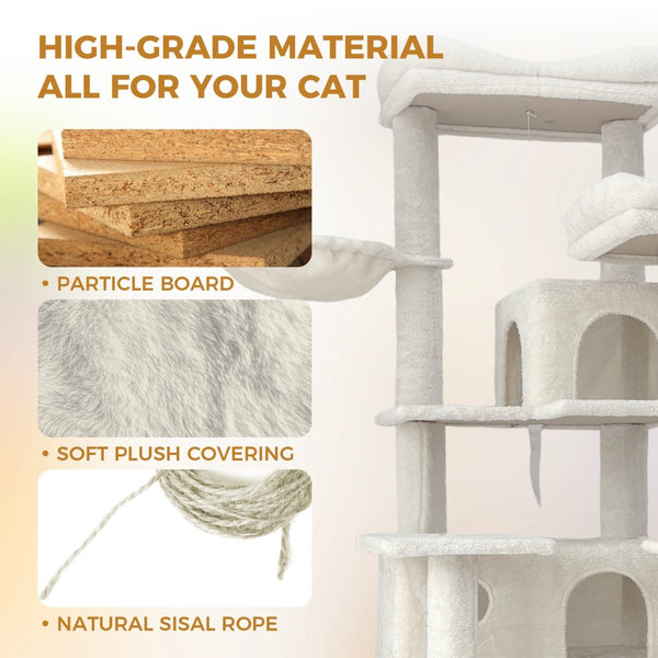 English Elm 68in Tall Six Level Plush Cat Tower with Sisal Posts Hammock Cave and Washable Perches Beige W243P326780