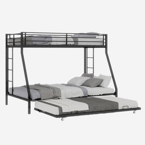 English Elm High Strength Iron Bunk Bed with Rolling Trundle Minimalist Queen Frame for Three W1935P360876