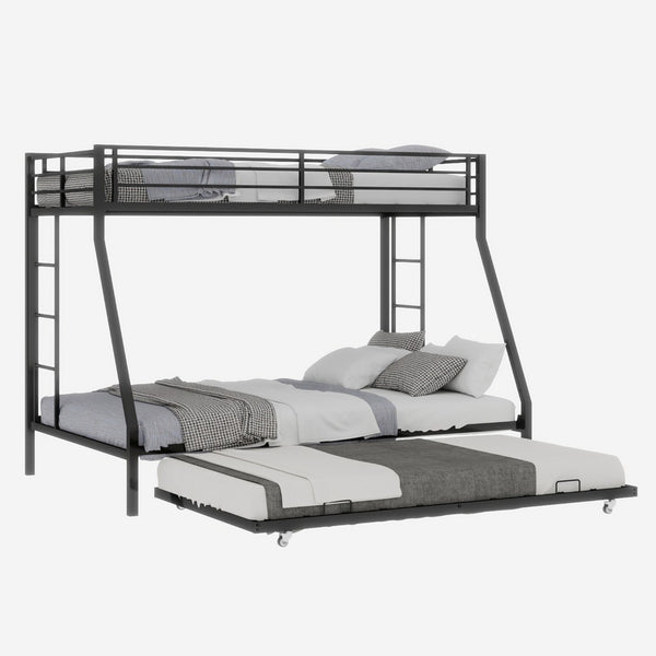 English Elm High Strength Iron Bunk Bed with Rolling Trundle Minimalist Queen Frame for Three W1935P360876