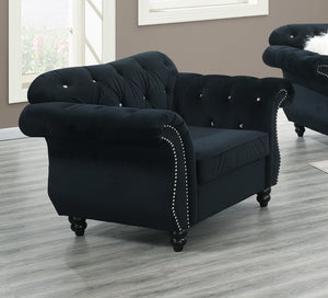 English Elm Black Velvet 3Pc Sofa Set - Luxurious Upholstered Furniture With Crystal Tufting & Nailhead Trim B011S01701