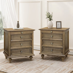English Elm Farmhouse Nightstand Pine Wood Four Drawer Storage with Pull Out Tray Gourd Legs Light Brown W1716P399636