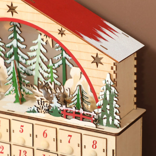 English Elm Christmas Wooden Village Advent Calendar with 24 Drawers and Warm Led Glow T3971P381239