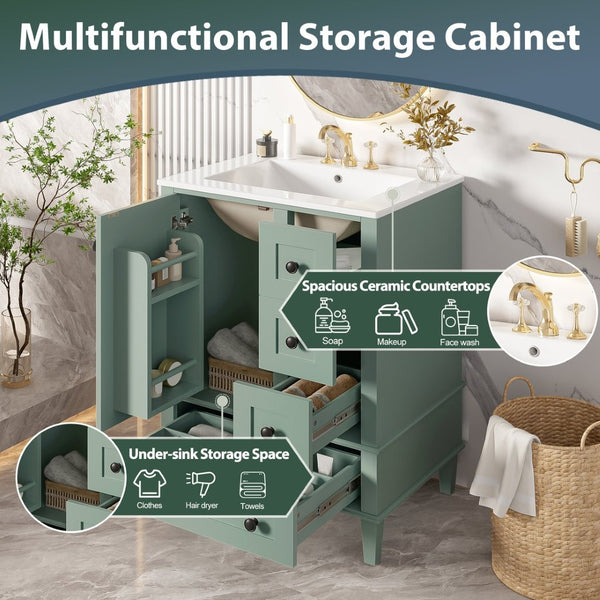 English Elm 24-inch Matte Bathroom Vanity Rubberwood Cabinet with Ceramic Sink and Soft-close Drawers Light Green N729P377516F