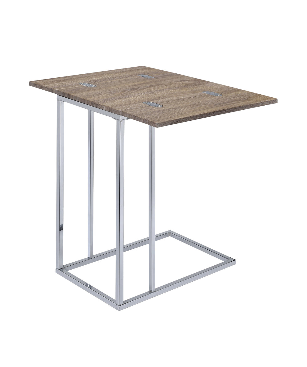 English Elm Danson Driftwood Oak Accent Table with Folding Swivel Extension, Chrome Geometric Base, 24" Versatile B2726P256192