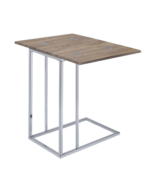 English Elm Danson Driftwood Oak Accent Table with Folding Swivel Extension, Chrome Geometric Base, 24" Versatile B2726P256192