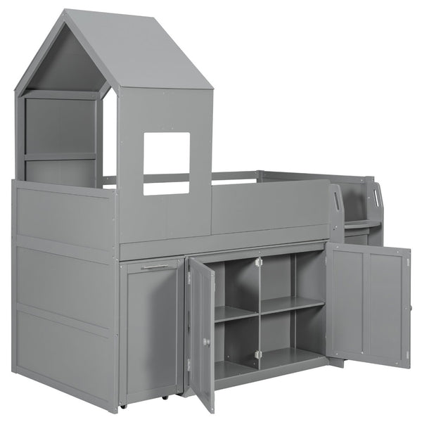 English Elm Twin House Loft Bed with Pull Out Rolling Desk Stair Drawers and Cabinet Storage Gray N820S00072E