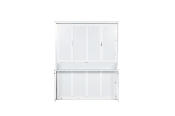 English Elm Queen Murphy Wall Bed with Integrated Desk Gas Strut Lift White Cabinet for Small Spaces White W504S00216