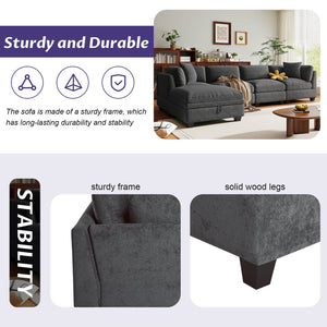 English Elm U-style Upholstered Modular Sofa with Storage Ottoman and Dual Cup Holders, Spacious 5-Seater Comfort Grey WY000414AAE