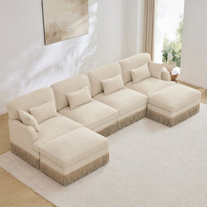 English Elm 131"comfy Chenille Leopard Print U-shaped Sectional with Tassel Trim and Modular Ottomans Beige W5656S00009