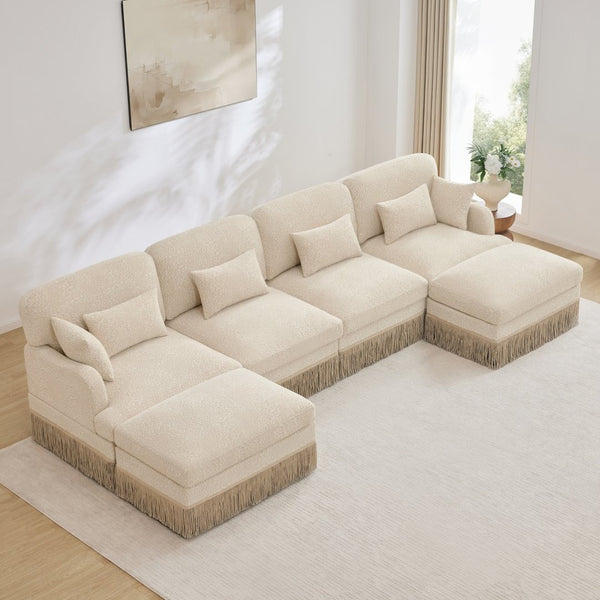 English Elm 131"comfy Chenille Leopard Print U-shaped Sectional with Tassel Trim and Modular Ottomans Beige W5656S00009