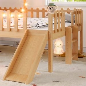 English Elm Twin Playhouse Loft Bed Solid Pine Frame with Slide Led Lights and Star Roof Natural W5316S00005