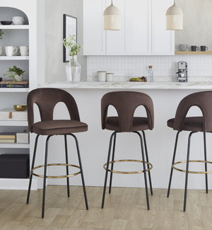 English Elm Fixed-height Swivel Barstools with Gold Footrest Black Frame White Upholstery Set Espresso B202S01884