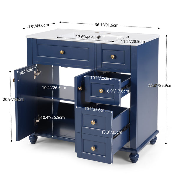 English Elm 36" Modern Grey Bathroom Vanity with Ceramic Sink, Solid Wood Frame, Soft-Close Drawers, Organizer Storage Blue W2896P344087